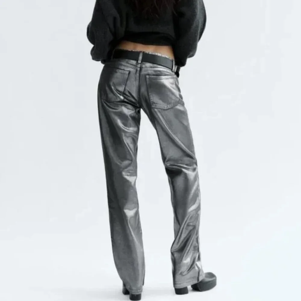 NWT ZARA MID WAIST STRAIGHT LEG FOIL JEANS BLACK - Picture 3 of 6